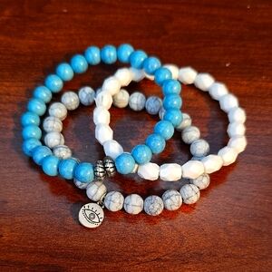Blue and White Beaded Bracelet Set